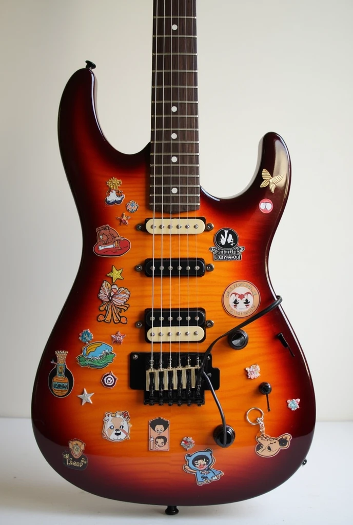 I'm inventing a guitar with stickers and keychains, but I have no idea what to put as a combination of keychains and stickers, There you have created an image of a guitar not too exaggerated a minimalist style so I can have an idea to decorate my guitar, I don't put a very exaggerated guitar, it's not a guitar, it's a guitar that I want, I wanted a keychain like that near the tuning peg, and the stickers matching keychains and stickers together can put a little more keychain on the peg, and the guitar is from Giannini, it has an orange top, the cap and the rest of the guitar is a little wine red