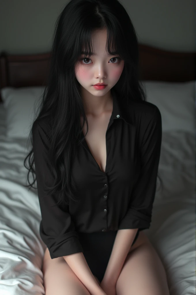 A girl with long black hair, eyes black, black blouse with panties. sitting on the bed.