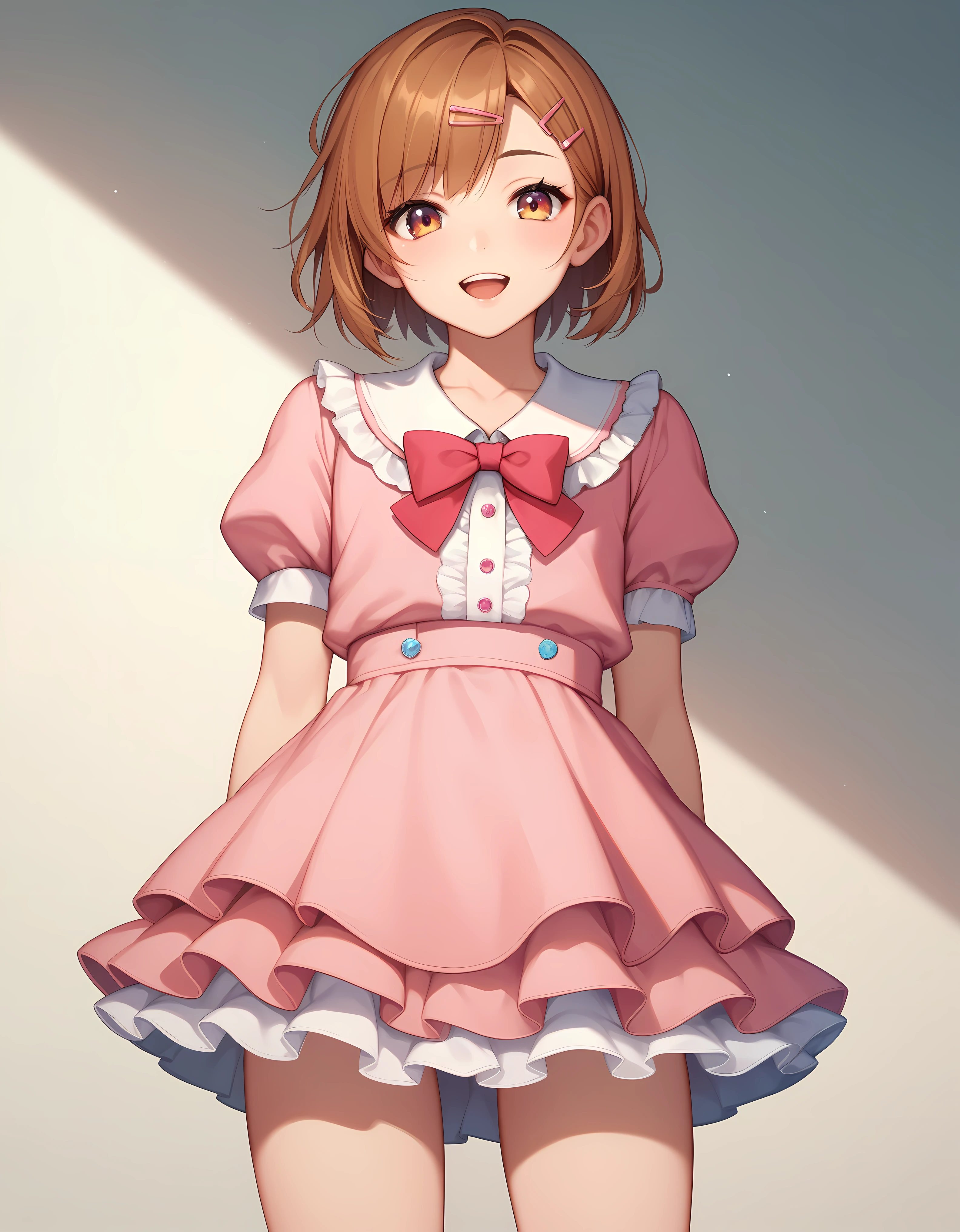 (masterpiece:1.2), best quality, highres, original, (extremely detailed:1.2), ultra-detailed, wallpaper, perfect lighting,(extremely detailed CG:1.2), 8k, anime illustration, HD, cute, kawaii, 1boy, crossdressing, solo, tomgirl, (brown hair, hairclip:1.1), (Lolita Fashion, short sleeves, pink dress, mini dress, delicate dress, ruffles hemline, ribbon on dress, flat chest, breastless:1.2), thighs, standing, back-angle, view of back, outdoor, sunny