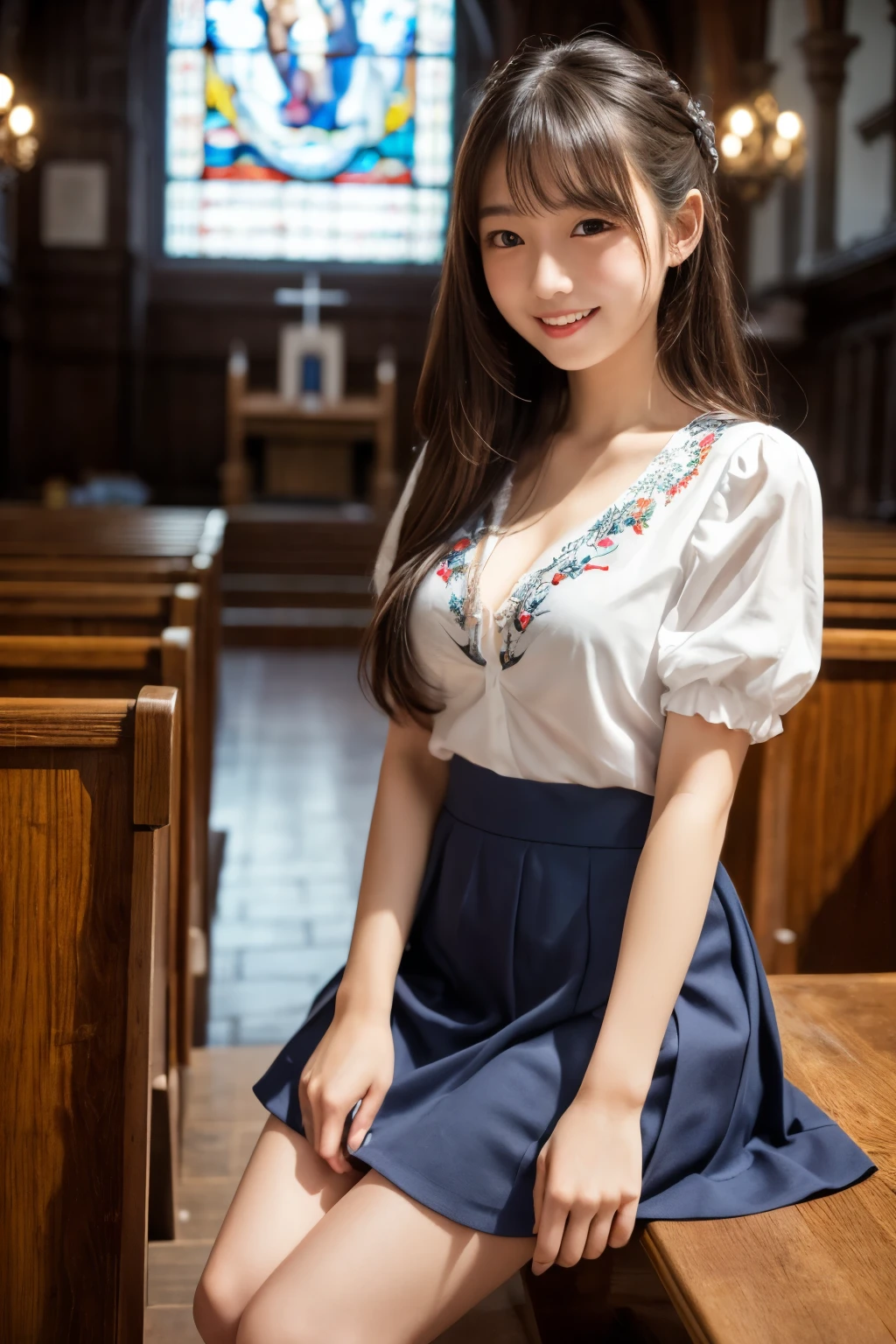 1 young girl,very cute and beautiful japanese teen actress,highly detailed beautiful face, looking at viewer,white blouse BREAK smile,happy,beautiful legs,solo,cleavage, classic lolita navy blue skirt dress with intricate detailed geometrical embroidery, altar,church,indoors,real person,photorealistic,8k,raw photo,