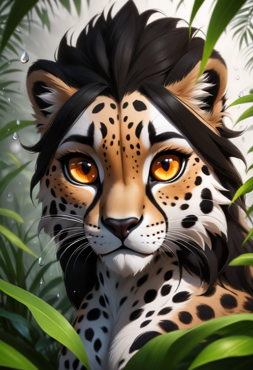 Rich flora,A cheetah and one cub on a rock in the jungle, Deep orange eyes, Black and White, Black background, (Highest quality,4K,8k,High resolution,masterpiece:1.2),Very detailed,(practical,photopractical,photo-practical:1.37),Very detailed動物の肖像画, Dramatic lighting, Powerful predator, intense expression, Attractive eyes, Smooth spotted fur, Muscular, Low angle shot, Close-up view, Minimalist Composition, High contrast water droplets on a leaf