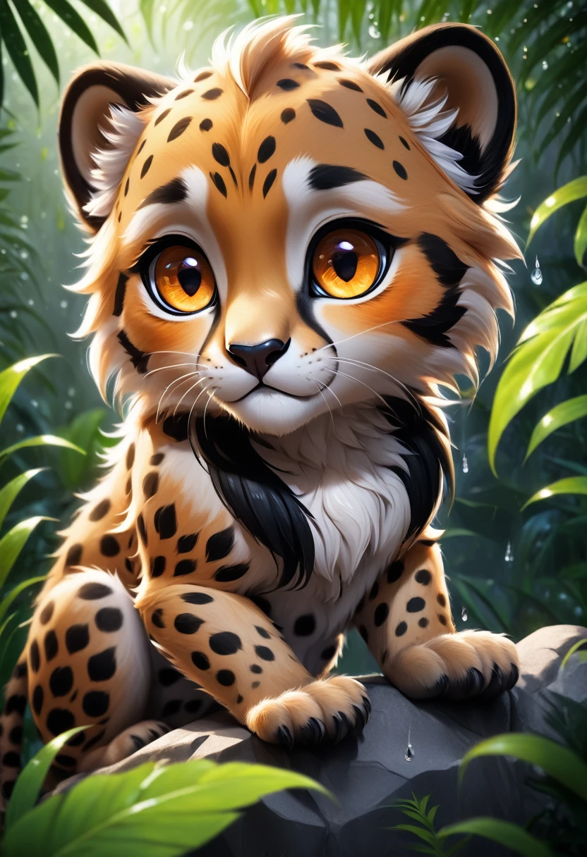 Rich flora,A cheetah and one cub on a rock in the jungle, Deep orange eyes, Black and White, Black background, (Highest quality,4K,8k,High resolution,masterpiece:1.2),Very detailed,(practical,photopractical,photo-practical:1.37),Very detailed動物の肖像画, Dramatic lighting, Powerful predator, intense expression, Attractive eyes, Smooth spotted fur, Muscular, Low angle shot, Close-up view, Minimalist Composition, High contrast water droplets on a leaf