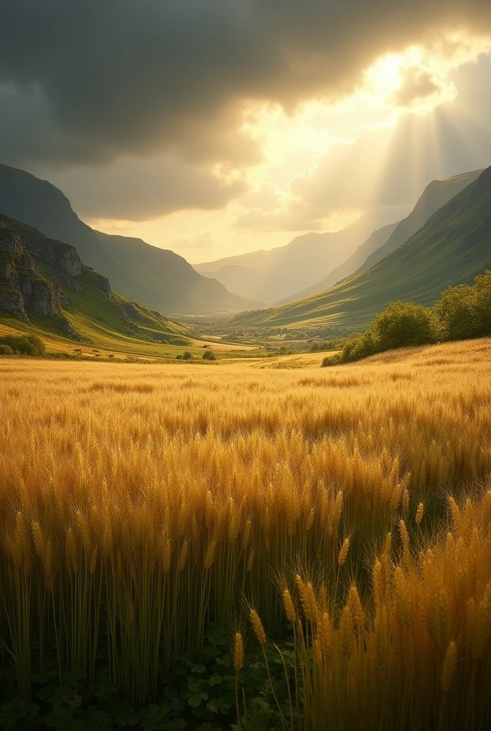 Create an image of a barley field in the highlands on a very rainy and sunny day