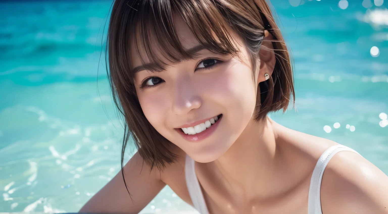 Long eyelashes, Brown Hair, Hair behind the ear, short hair, Mole under the eye, puppet, Japanese, Ocean, White Bikini、Big Breasts, Grin, Surrealism, Cast a Shadow, Anaglyph, Stereogram, throw, Atmospheric perspective, 8k, Super Detail, Highest quality, Ultra-high resolution, Textured skin, Anatomically correct、Sailor uniform、