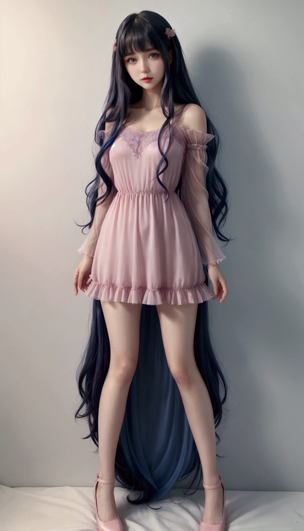 Fullbody image, female, dark blue wavy long hair with bangs, blue eyes, pink lips, beautiful gentle face, sexy body, big , long legs, fair skin, standing, pink silk chiffon below the knee dress with sleeves, white and pink doll shoes,