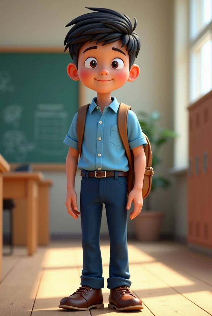 Genrate a school boy they wear a sky blue shirt and dark blue pant and school shoes