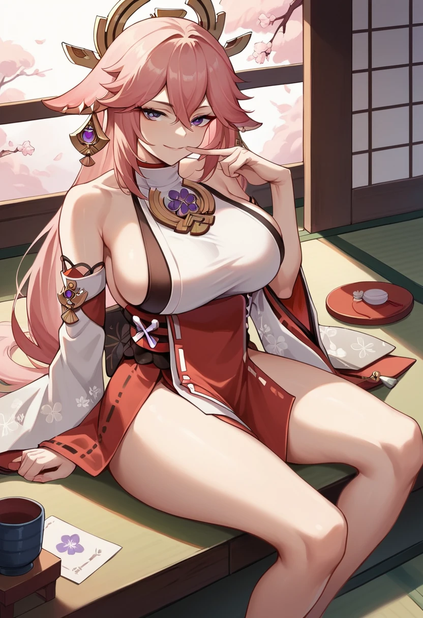 1 girl, Yae Miko, Genshin Impact, kimono, sitting on a table, Japanese style room, her head resting on one of her knees, side boob, large breasts, mischievous smirk, finger touching her mouth