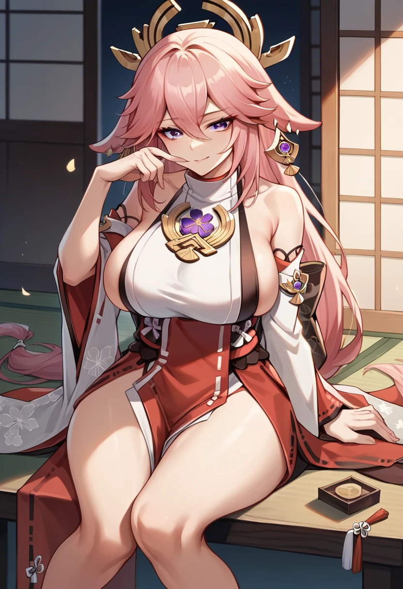 1 girl, Yae Miko, Genshin Impact, kimono, sitting on a table, Japanese style room, her head resting on one of her knees, side boob, large breasts, mischievous smirk, finger touching her mouth