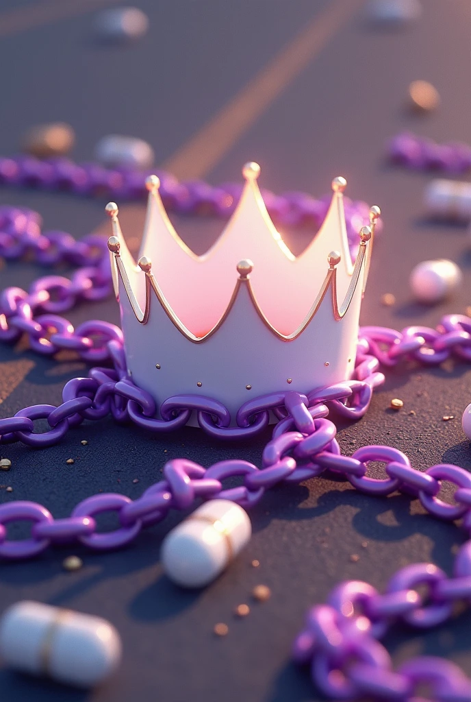 Purple chain thrown on a road, uma coroa branca e dourada flutuando centralizada sobre as chains, medicines thrown on the road, shades of purple, chains,