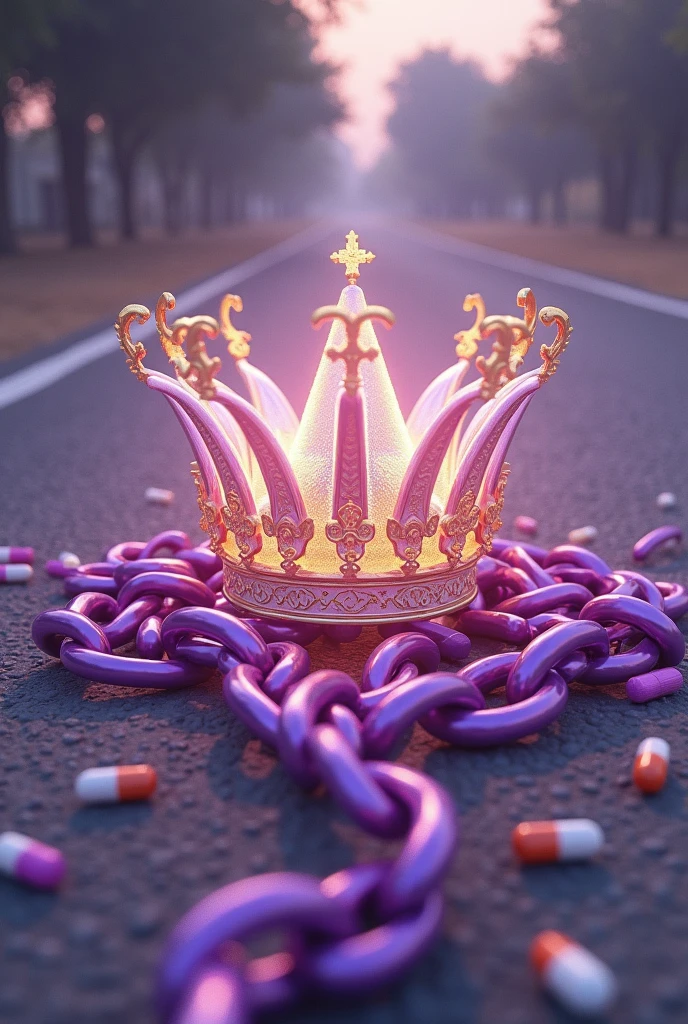 Purple chain thrown on a road, uma coroa branca e dourada flutuando centralizada sobre as chains, medicines thrown on the road, shades of purple, chains,