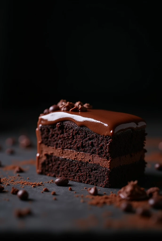 cinematic film still chocolate, chocolate cake, dark background, quality photo, moist texture, frosting, studio photo, slice . shallow depth of field, vignette, highly detailed, high budget, bokeh, cinemascope, moody, epic, gorgeous, film grain, grainy