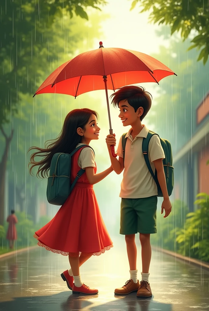 Indian cute couple after school back to home together in rainy day girl holding umbrella boy can't under umbrella and suggest a girl close umbrella and enjoy rain in school dress red and white together wear