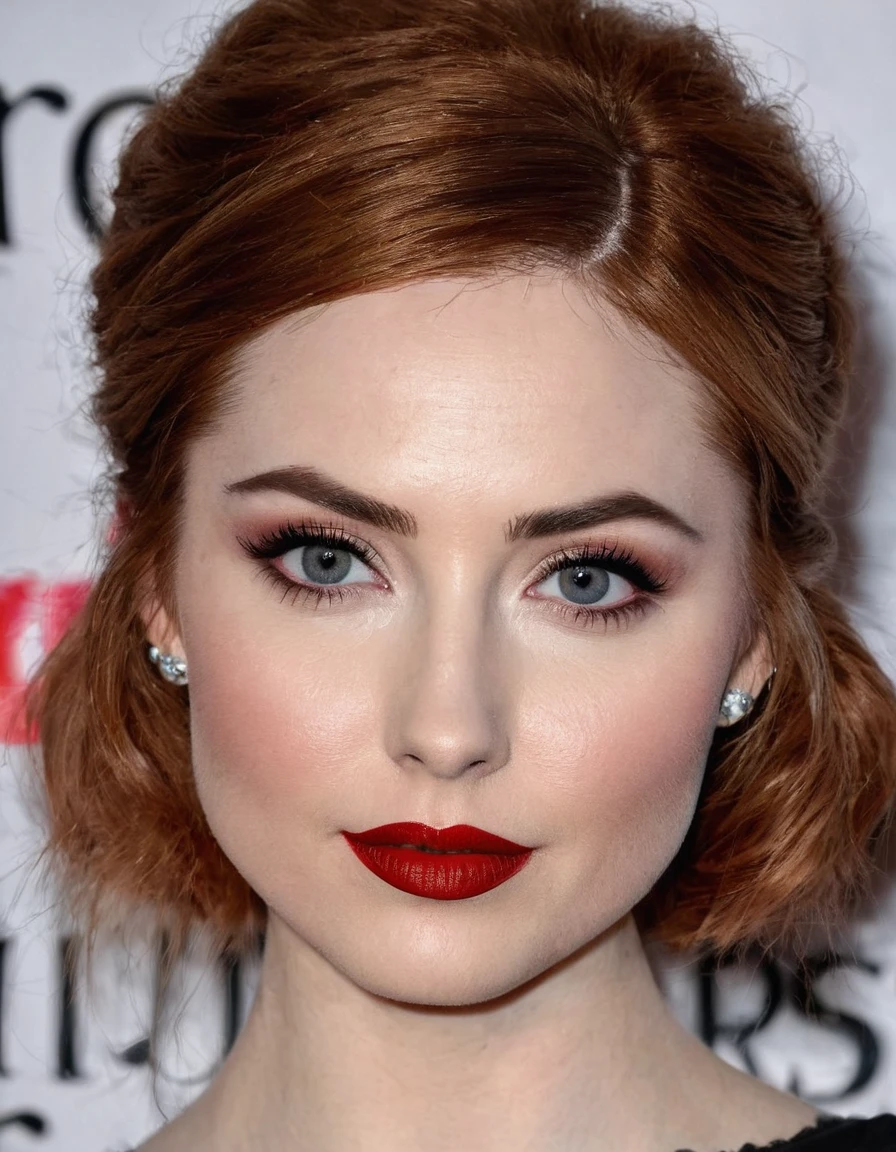 A waist-up portrait of a beautiful female whose facial features are a combination of Karen Gillan + Imogen Poots. The female has lovely makeup on her face. The female wears red lipstick. Symmetrical eyes. Symmetrical face. Lovely details. Photorealistic. Full-colored photo. Professional photo. Highly detailed 8K.