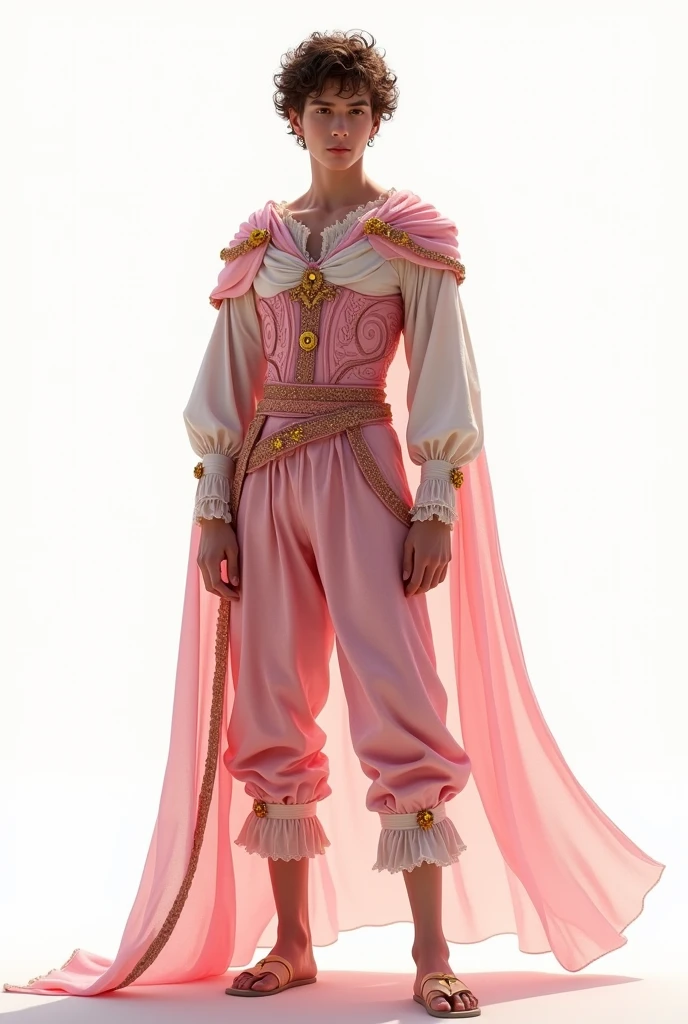 full body medieval teenage man costume,pants with a cape behind, PINK COLOR, white, yellow small jewels in flower shapes, ancient,delicate, Royals, Transparent screens, , elegant, telas de seda bright,romantic, bright,fondo white, View from afar so you can see everything,Greek details,glass, Principle, pants with details, corset,flat shoes