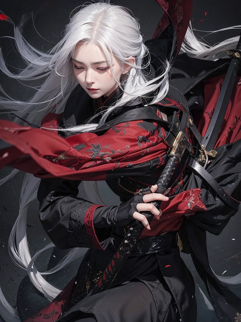 A woman with white hair and a beautiful face, wearing black and red clothes, is in a position ready to draw a katana from its sheath while closing her eyes.