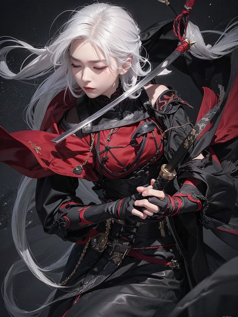 A woman with white hair and a beautiful face, wearing black and red clothes, is in a position ready to draw a katana from its sheath while closing her eyes.