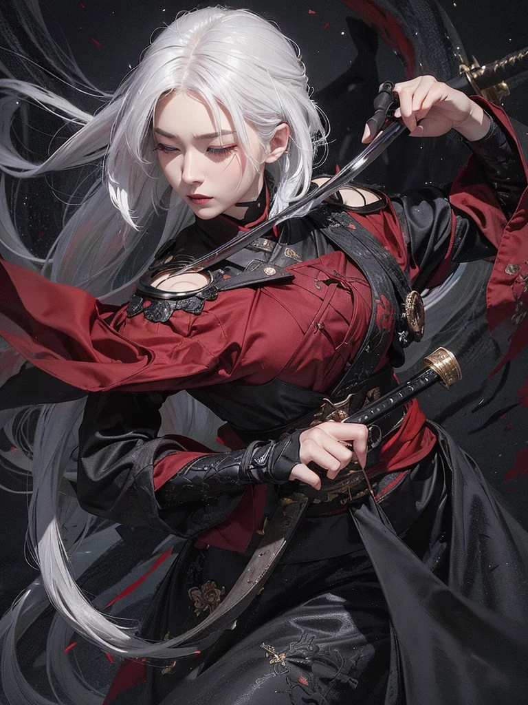 A woman with white hair and a beautiful face, wearing black and red clothes, is in a position ready to draw a katana from its sheath while closing her eyes. 