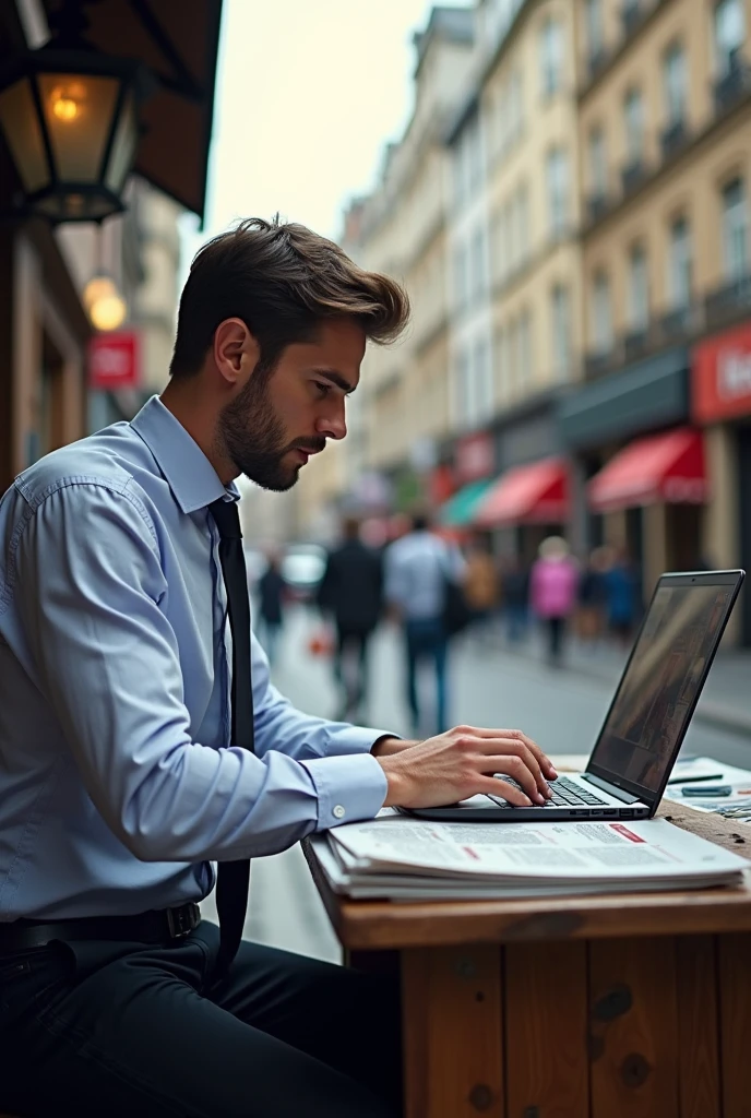 Journalist working on computer at newspaper stand