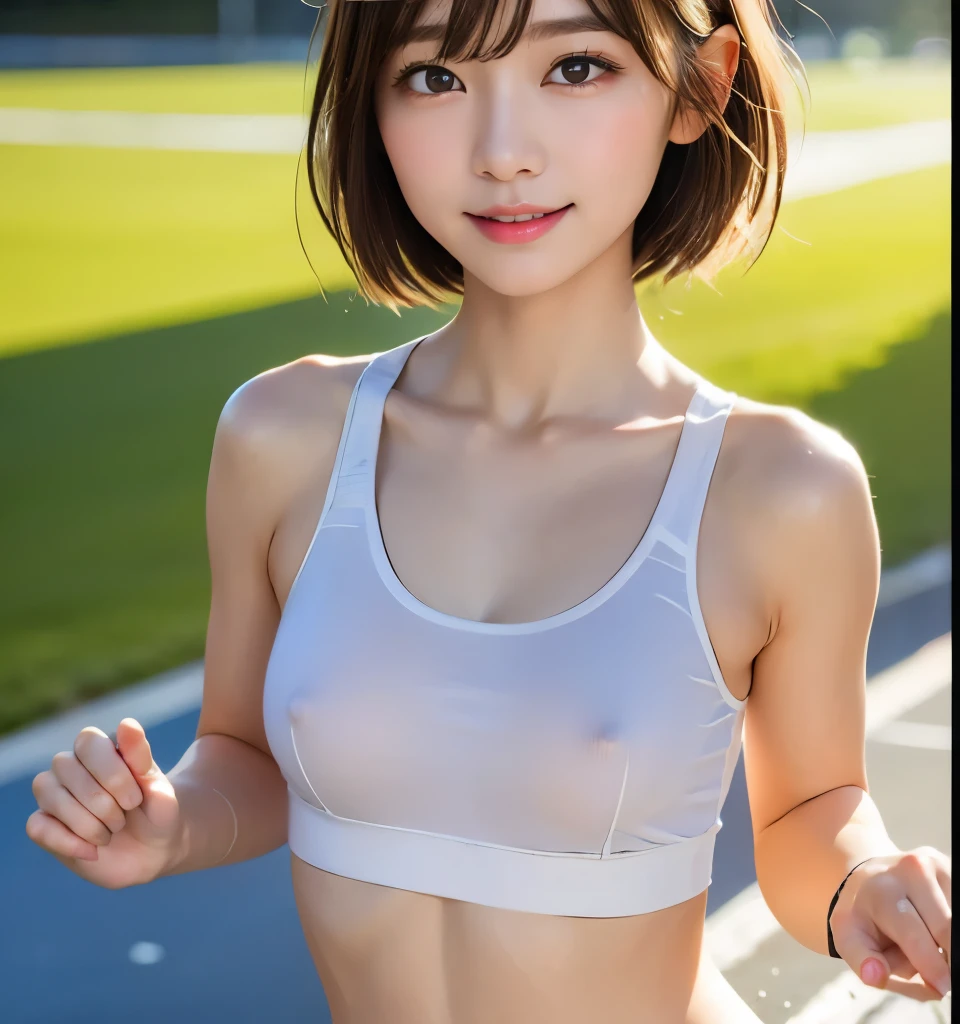 Highest quality、、 Compensate、masterpiece、Ultra-high resolution、Clear photos、Natural light、(very cute、beautiful girl、The cutest Yoda Yuki、Small face、Baby Face)、(Small breasts、Flat Chest、Large erect nipples:1.2)、Slender body、Tight waist、(Very short hair:1.6)、Brown Hair、smile、Delicate face、Beautiful Skin、(Wearing white underwear:1.6、Small underwear)、Athletics Stadium、((running:1.8))、Full body photo