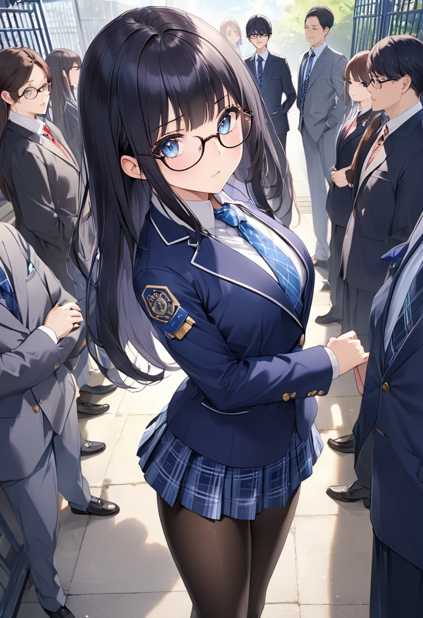 1 high school girl、Highest quality、Very detailed、High resolution illustrations、Ultra-high-definition CG、８k size wallpaper、beautiful glossy black hair、beautiful, Clear blue eyes、Glasses、Straight hair、bangs、Hime cut、Indigo blue blazer with emblem on left chest、Disciplinary Committee Blue Armband、Collared shirt、Patterned blue tie、Gray tartan check long pleated skirt、Black Pantyhose、Black Loafers、The disciplinary committee chairperson has a sharp and mature look.、morning、Surprise outfit check in front of the school gates、A little pouty、place your left hand on your hip、(右手でGlassesのつるをつまんで持ち上げるポーズ)、