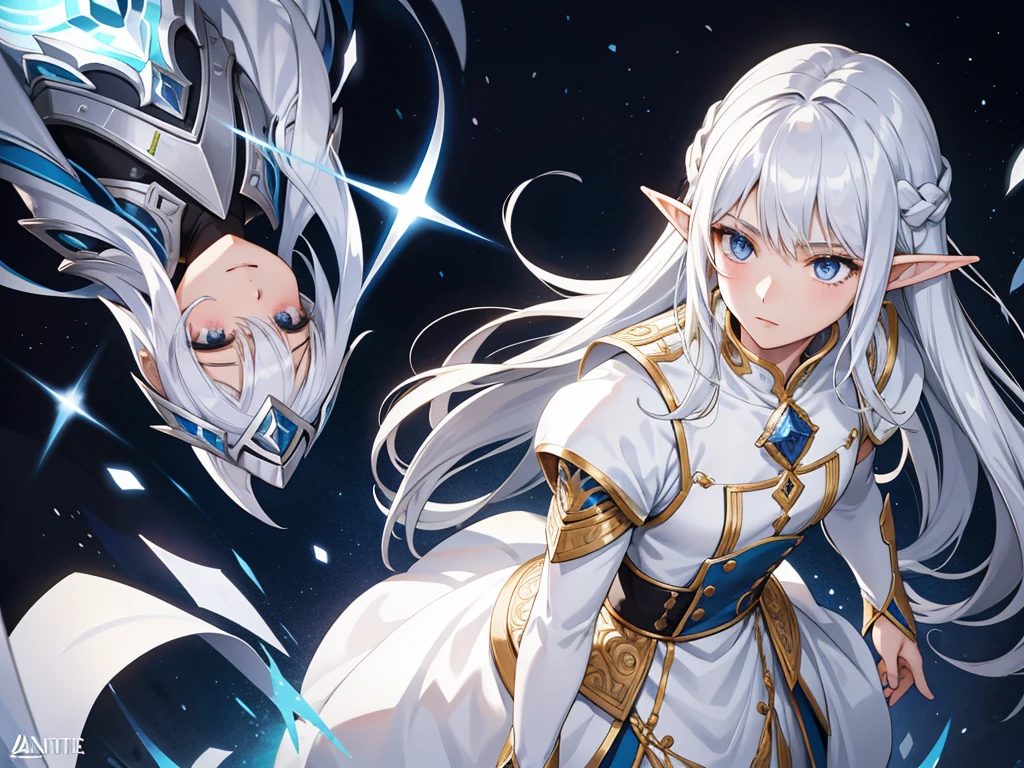 Close-up of a person in a white outfit holding a sword, White-haired God, Silver-skinned male elf, Silver ice-colored reflective armor, Silver eyes full body, A delicate androgynous prince, God of Winter, The truth of the matter, Kashmir Art, Beautiful androgynous prince, Portrait of a girl in the Knights of the Zodiac, Official character art, Male Elf