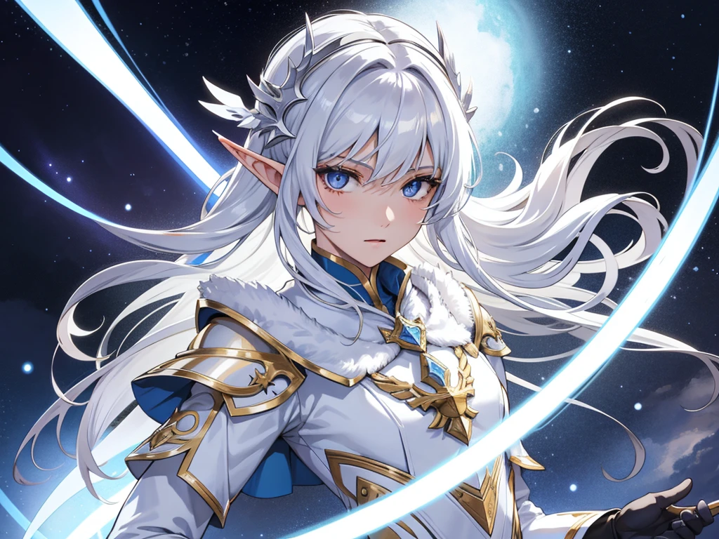 Close-up of a person in a white outfit holding a sword, White-haired God, Silver-skinned male elf, Silver ice-colored reflective armor, Silver eyes full body, A delicate androgynous prince, God of Winter, The truth of the matter, Kashmir Art, Beautiful androgynous prince, Portrait of a girl in the Knights of the Zodiac, Official character art, Male Elf