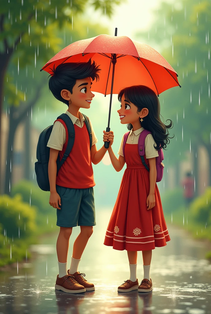 Indian cute couple after school back to home together in rainy day girl holding umbrella boy can't under umbrella and suggest a girl close umbrella and enjoy rain in school dress red and white together wear 