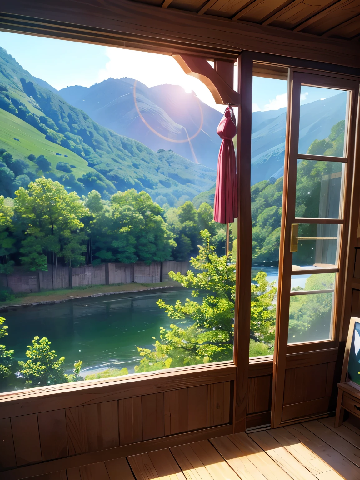 (masterpiece, highest quality:1.2, 8k yen, Ultra-high resolution), RAW Photos, Professional Lighting, Cinema Lighting, ((medieval era, Dragon quest world)), (village, exterior of wooden motel, trees, mountain view, grasses, medieval houses)), nature view, panorama view, whole view, zoom out,