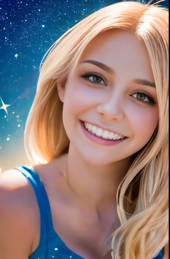 High detail, super detail, super high resolution, girl enjoying her time in the dream galaxy, surrounded by stars, warm light sprinkled on her, background is starry sky with colorful galaxies and galaxy clouds, stars flying around her, delicate face, adding playful atmosphere ,
