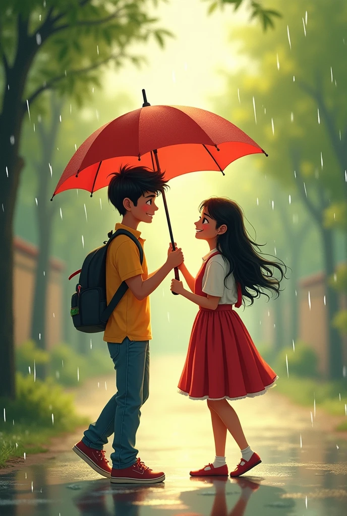 Indian cute couple after school back to home together in rainy day girl holding umbrella boy can't under umbrella and suggest a girl close umbrella and enjoy rain in school dress red and white together wear