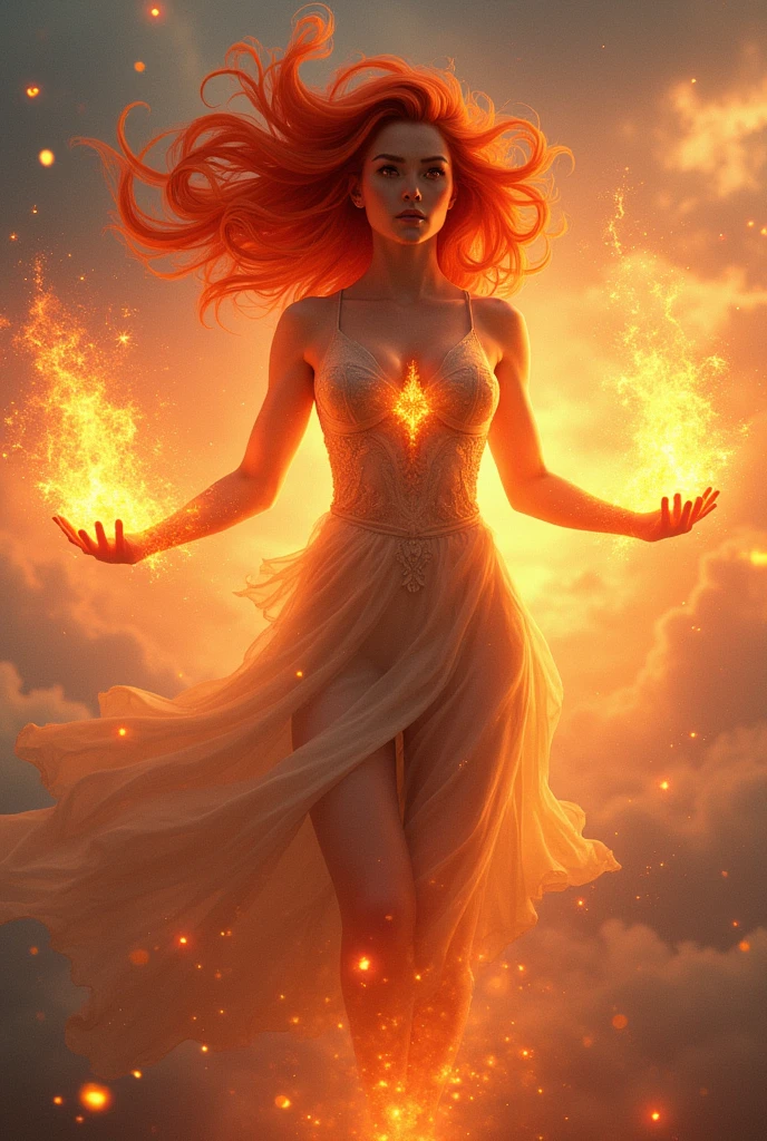 red hair woman, with fire effect, floating above the sky with eyes sparkling with flames, with firepower in his hands