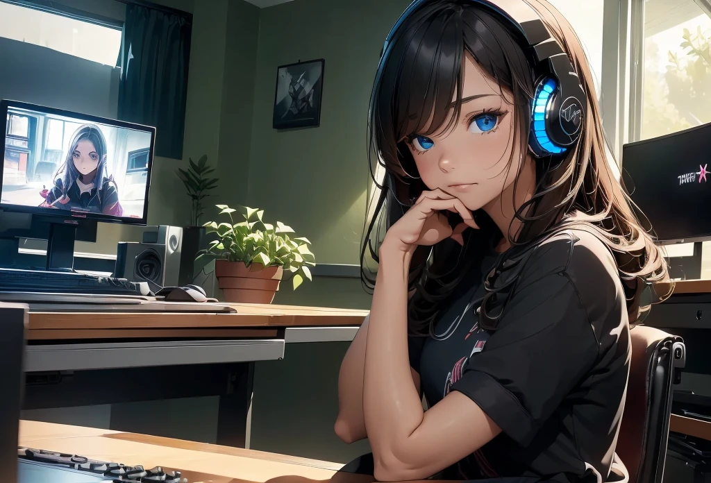 a modern dark-themed room, a girl sitting in a chair in front of a high-end triple monitor gaming setup with rgb headphones, plants decoration, large window with rain outside, girl playing games