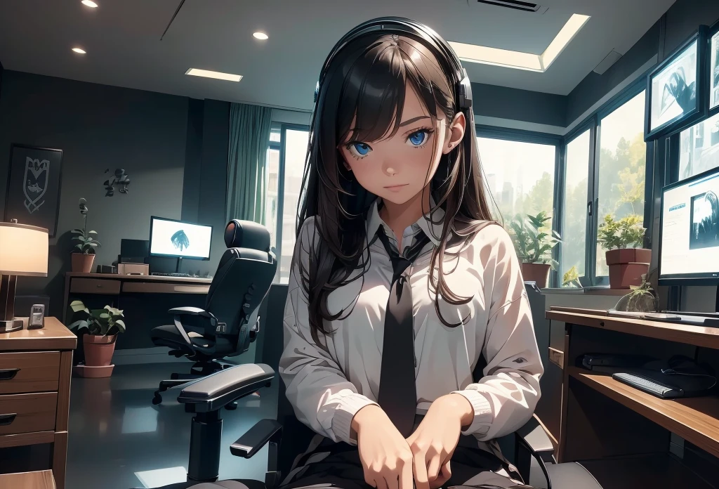 a modern dark-themed room, a girl sitting in a chair in front of a high-end triple monitor gaming setup with rgb headphones, plants decoration, large window with rain outside, girl playing games
