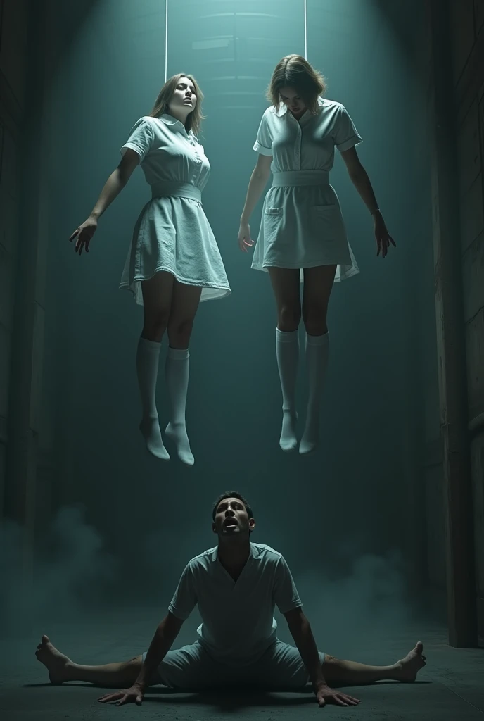 Scene of two nurses in white thigh high socks, hanged ,hovering in the air , a man sitting on the ground in panic