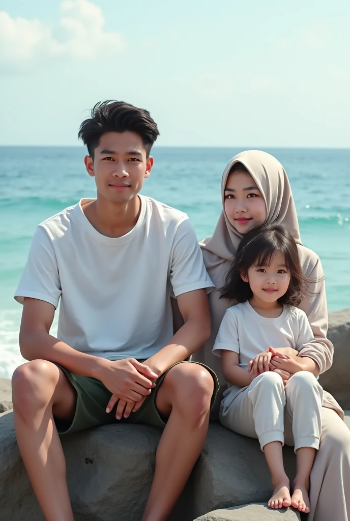 Portrait of young Indonesian man 18 years old wearing white t-shirt and young Indonesian woman 1 wearing white t-shirt and hijab and man wearing white t-shirt and girl wearing white t-shirt and hijab sitting on rocks by the sea
