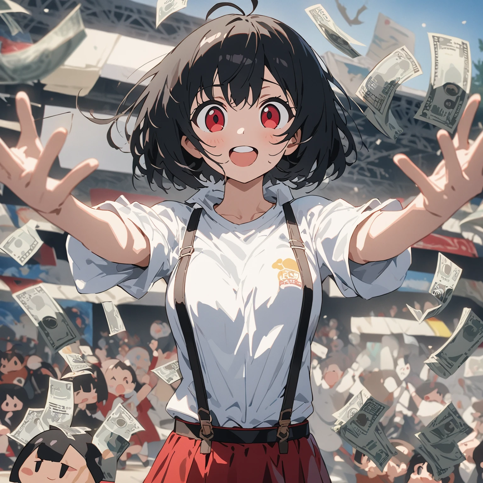 Stretch your arms out horizontally、Hands face up、Face up、Standing with your legs apart、Black hair tousled by the wind、Bobcut、Red Eye、Ahoge、White shirt、Red skirt with suspenders、Dollar bills flying、Outdoor Stage、Masterpiece、超Masterpiece、anime、Cel painting、16K、Precise illustrations、Highest quality、Detailed depiction、Chibi Character、