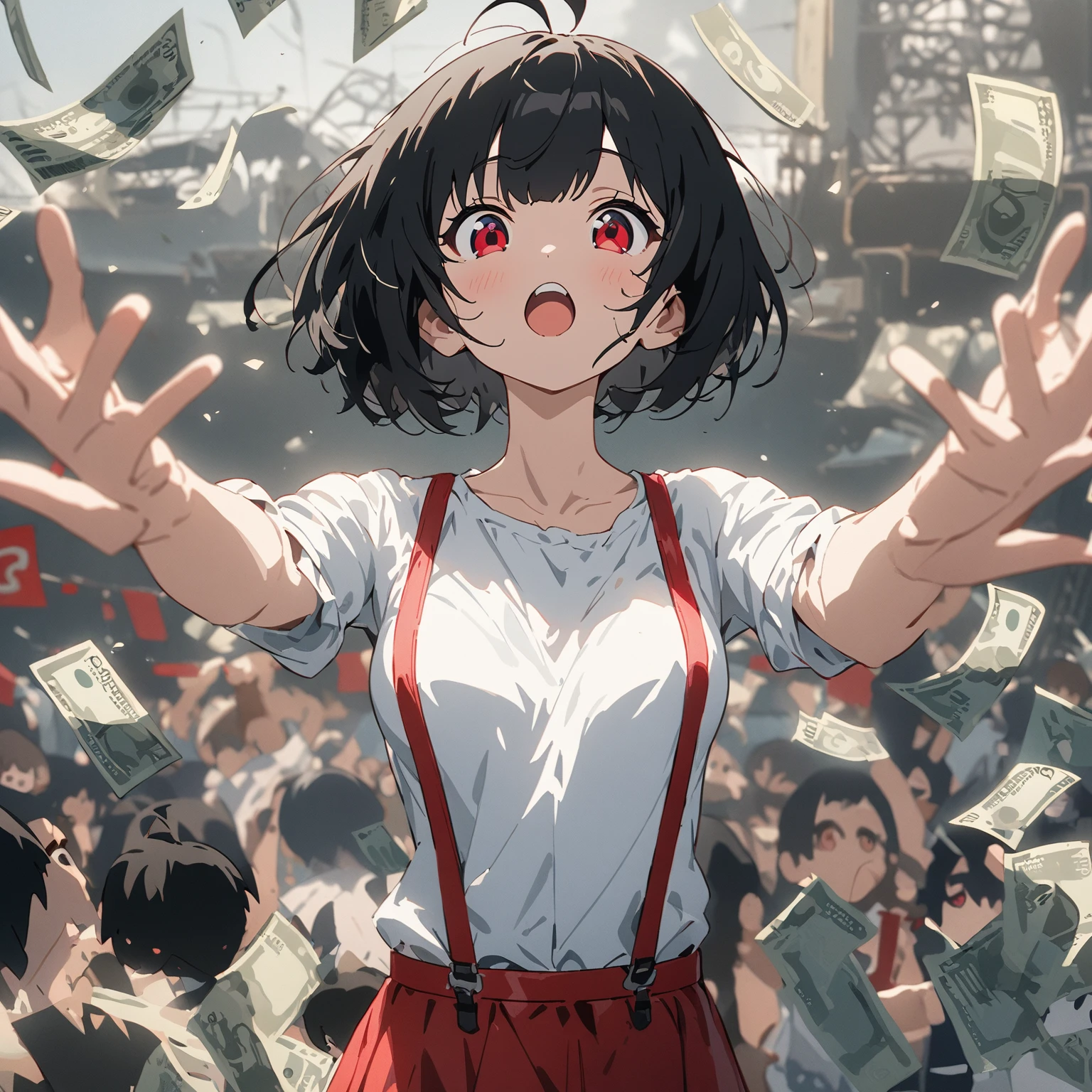 Stretch your arms out horizontally、Hands face up、Face up、Standing with your legs apart、Black hair tousled by the wind、Bobcut、Red Eye、Ahoge、White shirt、Red skirt with suspenders、Dollar bills flying、Outdoor Stage、Masterpiece、超Masterpiece、anime、Cel painting、16K、Precise illustrations、Highest quality、Detailed depiction、Chibi Character、