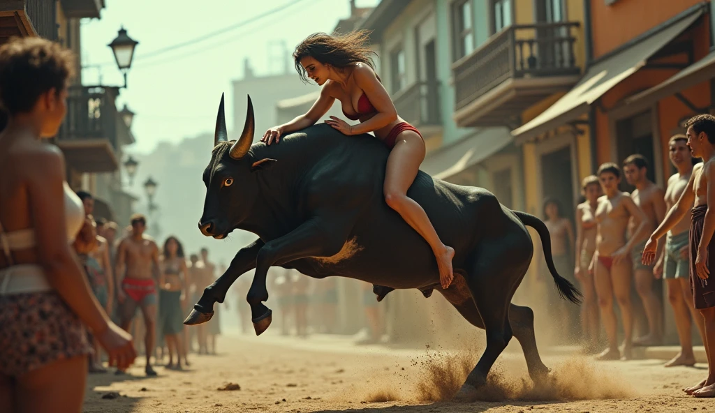 Surreal photo, town scene, a sexy woman with a scared face is riding a bull, the bull angrily raises its two front legs to throw the woman to the ground, around are many people in panic