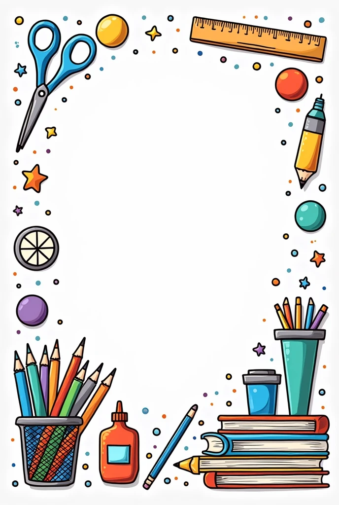 I would like a children's coloring page showing school supplies in the middle of the page