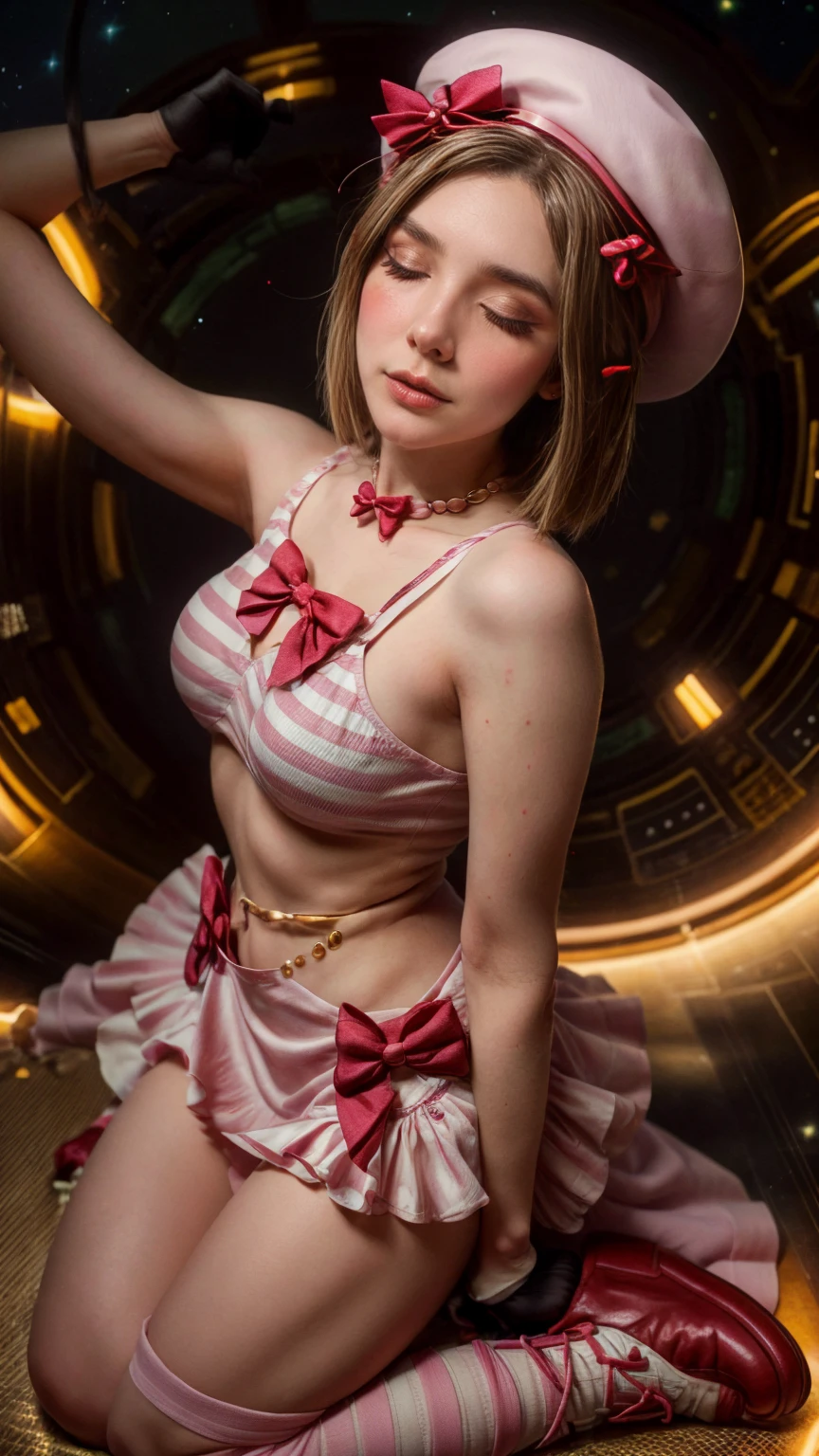 (1 lady), The beautiful, (Best quality at best:1.4), (ultra - detailed), (extremely detailed CG unified 16k), A Beautiful Woman with Perfect Figure: 1.4, Sharp Focus: 1.2, gold blonde hair, very detailed, High-definition RAW color photo, professional photoshooting, amazing face and eyes, cosmetics, (amazingly beautiful girl), ((Lambdadelta)), Bethcast, ((exact clothes: dress, shoes bow, red shoes, striped stockings, red bow, pink hat, necklace, gloves, pearl, pumpkin brooch, pink dress)), levitating in a cute posture, (floating in space), (She's levitating in a cosmic sea, outer space:1.3, quantum hyperspace room lacking walls, hyperspace chamber, extremely detailed background, a lot of details background, realistic background), (look from above), realistic cinematic face, head to feet long wide zoomed out view, full body long view, photorealistic, ((realistic natural blonde hair style, eyes closed)), gorgeous, extremely beautiful face, perfect model beauty, Highly Detailed Face and Skin Texture, Detailed Eyes, Double Eyelids, Big Breasts, Persistent Stare, pout mouth, Perfect Teeth, Faith Trance, (masterpiece), best quality, high resolution, extremely detailed, cinematic lighting, amazing legs, pink combat boots, clear and well-cared skin, pale skin, lambdadelta exact dress: 1,