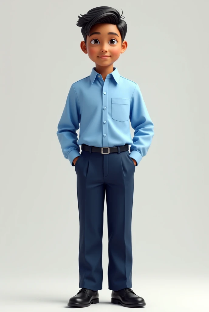 Genrate a school boy they wear a sky blue full slive shirt and dark blue pant and school shoes and they are skin tone brown and dell
