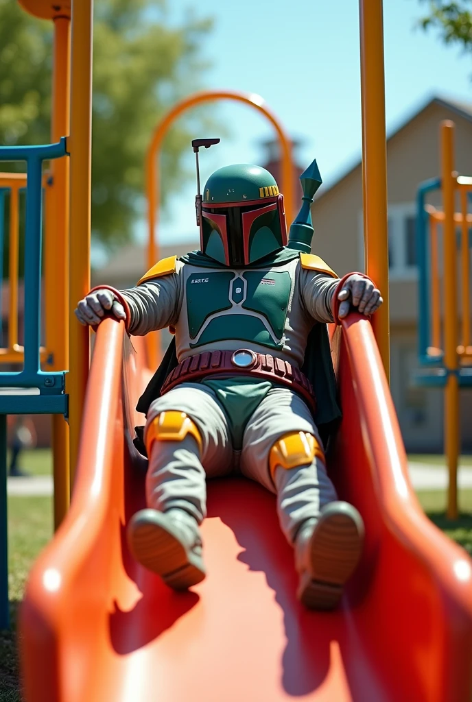 Boba Fett playing on a children's slide at the park、Star Wars、movie、Mandaean、