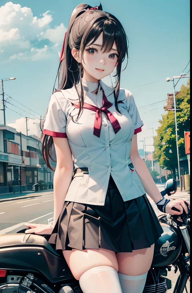 Japanese schoolgirl riding a bike,mini skirt、White panties、Leg spread、White pantiesーを見せる,Spread your legs,ponytail、Beautiful thighs、Her knees are up、I see your white pants.、Beautiful panties、beautiful girl、Beauty、Beauty、Con Hentai、Beautiful panties、Beautiful thighs、beautiful girl、Beauty、Happy!!!, , motorcycle,[ Photo Real ]!!, High resolution,