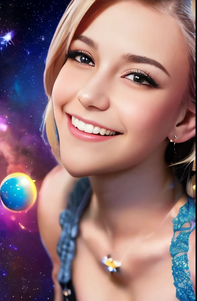 High detail, super detail, super high resolution, girl enjoying her time in the dream galaxy, surrounded by stars, warm light sprinkled on her, background is starry sky with colorful galaxies and galaxy clouds, stars flying around her, delicate face, adding playful atmosphere ,