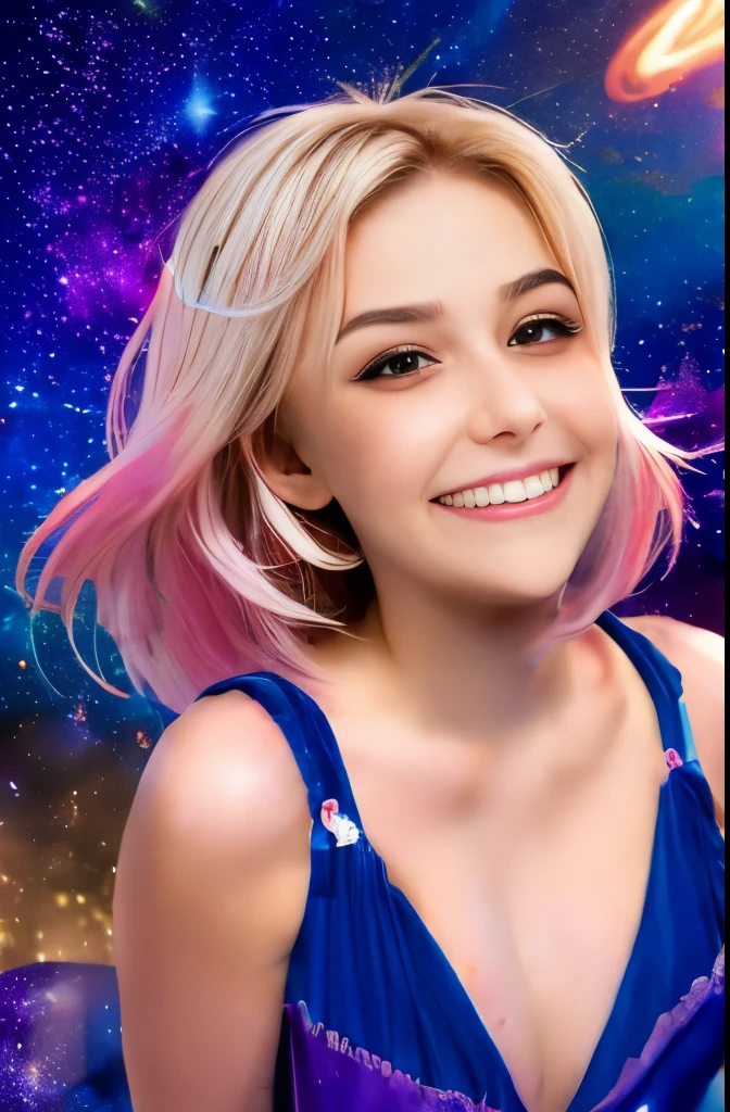 High detail, super detail, super high resolution, girl enjoying her time in the dream galaxy, surrounded by stars, warm light sprinkled on her, background is starry sky with colorful galaxies and galaxy clouds, stars flying around her, delicate face, adding playful atmosphere ,