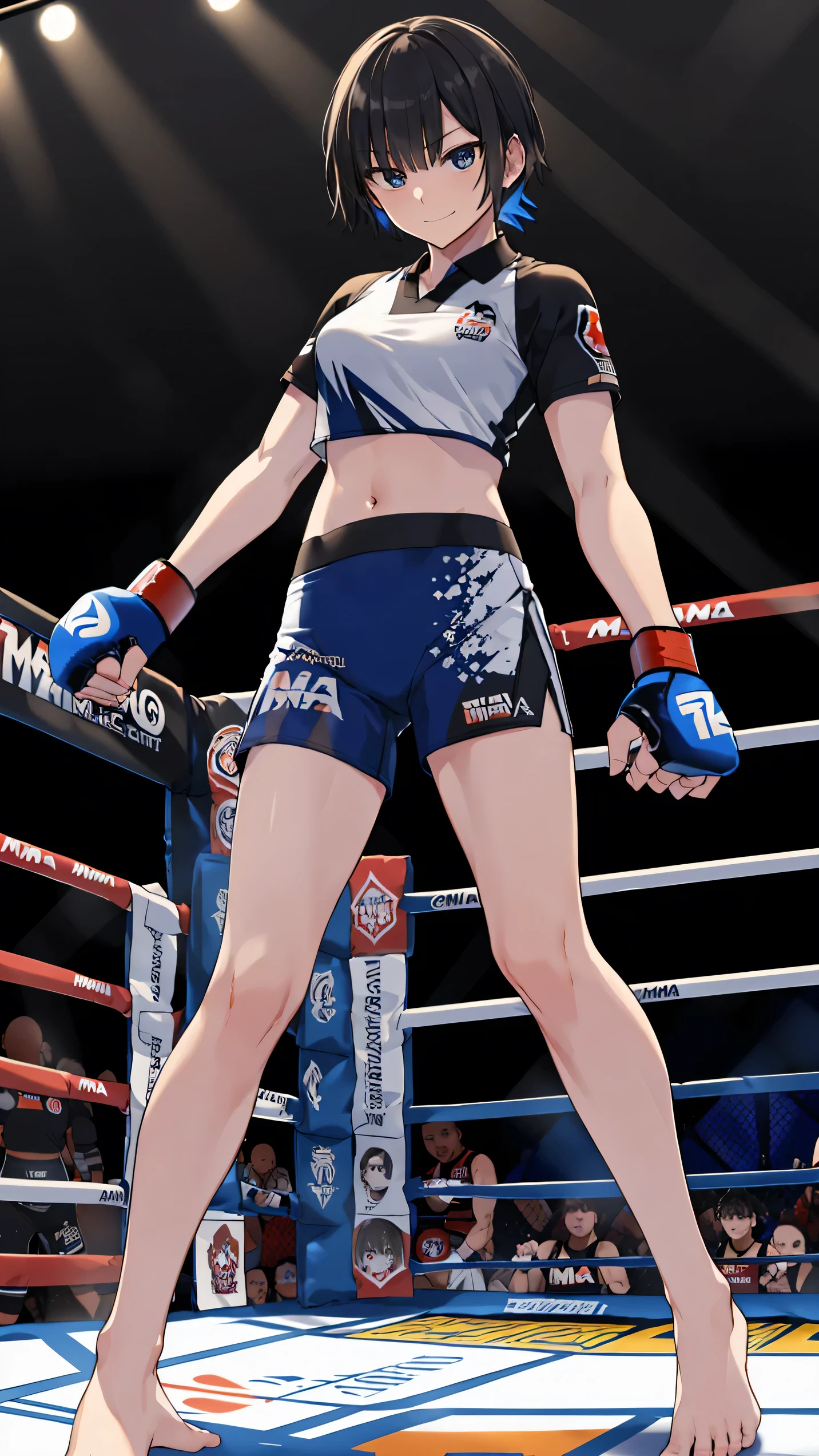 nanasaki, nanasaki ai, ai nanasaki, ((top-quality,8K,Masterpiece)), Full body shot, Toned stomach, (on MMA Arena :1.5), (wearing MMA uniform:1.5), thigh, belly button, smirking, Sharp focus: 1.2, Highly detailed face, Highly detailed eye, Professional Lighting,From below,on front,