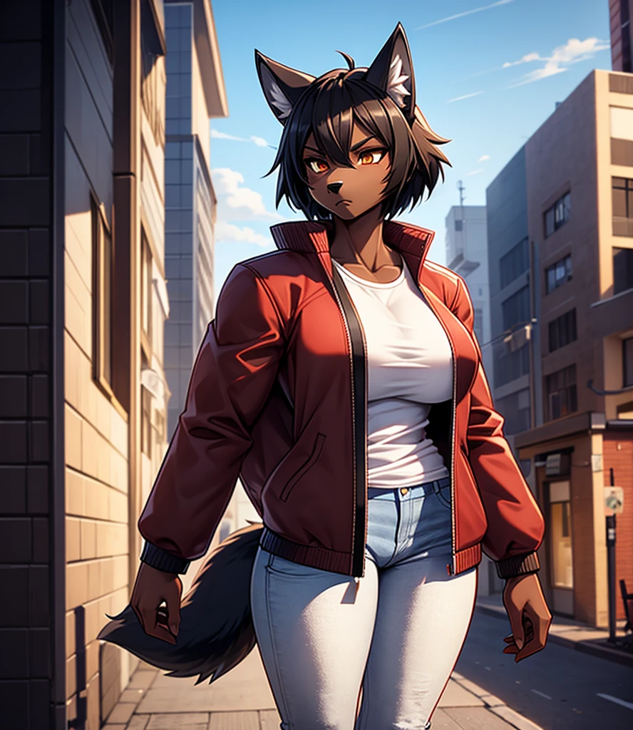 By r-mk, ((Wolf)) (woman) ((brown skin)) standing straight, red cotton jacket, white t-shirt, jeans, black hair, [[serious face]], female eyes, tall woman (furry), ((muscles)), 30 years old, [medium size breast], ((cotton jacket)), [[short hair]], detailed face, good anatomy, well illuminated, sidewalk, ondulated hair, [wolf snout], solo, [face close up], short wolf tail, 2d