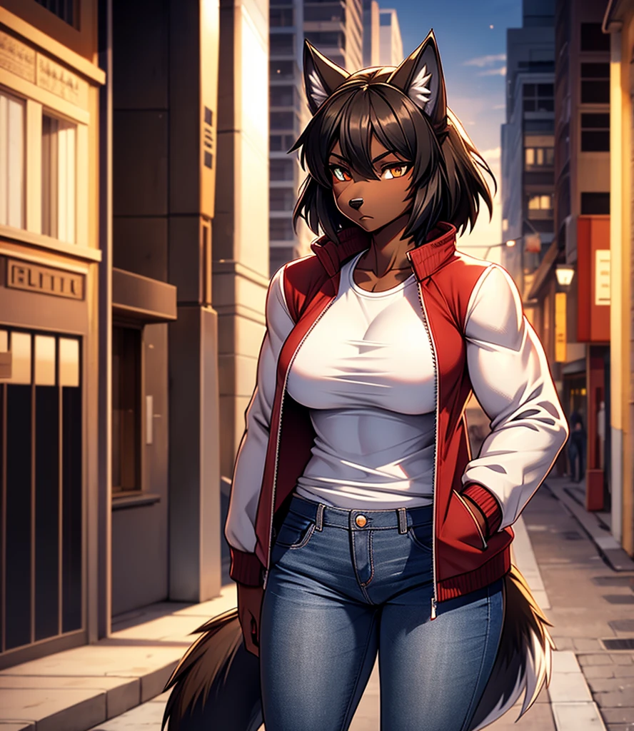 By r-mk, ((Wolf)) (woman) ((brown skin)) standing straight, red cotton jacket, white t-shirt, jeans, black hair, [[serious face]], female eyes, tall woman (furry), ((muscles)), 30 years old, [medium size breast], ((cotton jacket)), [[short hair]], detailed face, good anatomy, well illuminated, sidewalk, ondulated hair, [wolf snout], solo, [face close up], short wolf tail, 2d