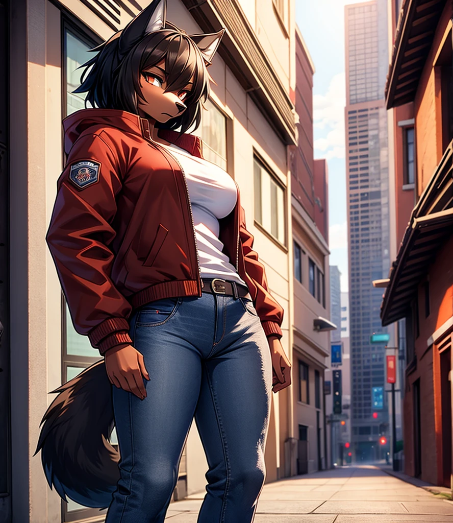 By r-mk, ((Wolf)) (woman) ((brown skin)) standing straight, red cotton jacket, white t-shirt, jeans, black hair, [[serious face]], female eyes, tall woman (furry), ((muscles)), 30 years old, [medium size breast], ((cotton jacket)), [[short hair]], detailed face, good anatomy, well illuminated, sidewalk, ondulated hair, [wolf snout], solo, [face close up], short wolf tail, 2d