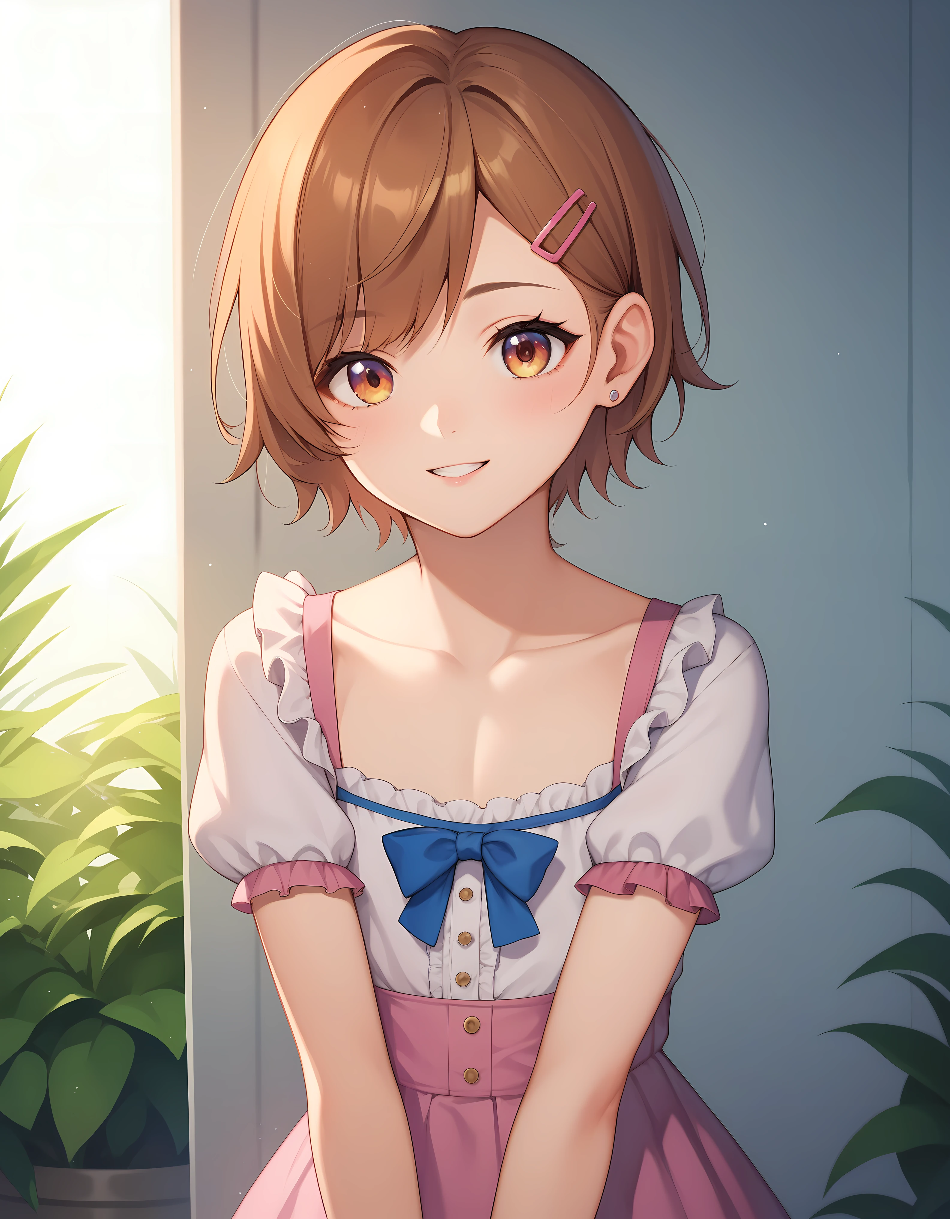 (masterpiece:1.2), best quality, highres, original, (extremely detailed:1.2), ultra-detailed, wallpaper, perfect lighting,(extremely detailed CG:1.2), 8k, anime illustration, HD, cute, kawaii, 1boy, crossdressing, solo, tomgirl, (brown hair, hairclip:1.1), (Lolita Fashion, short sleeves, pink dress, mini dress, delicate dress, ruffles hemline, ribbon on dress, flat chest, breastless:1.2), thighs, standing, back-angle, view of back, outdoor, sunny